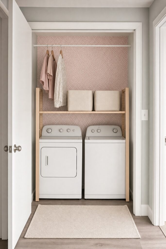 Laundry closet fitted out with a tension rod, a freestanding shelf unit over the machines, patterned peel and stick paper and a loose mat