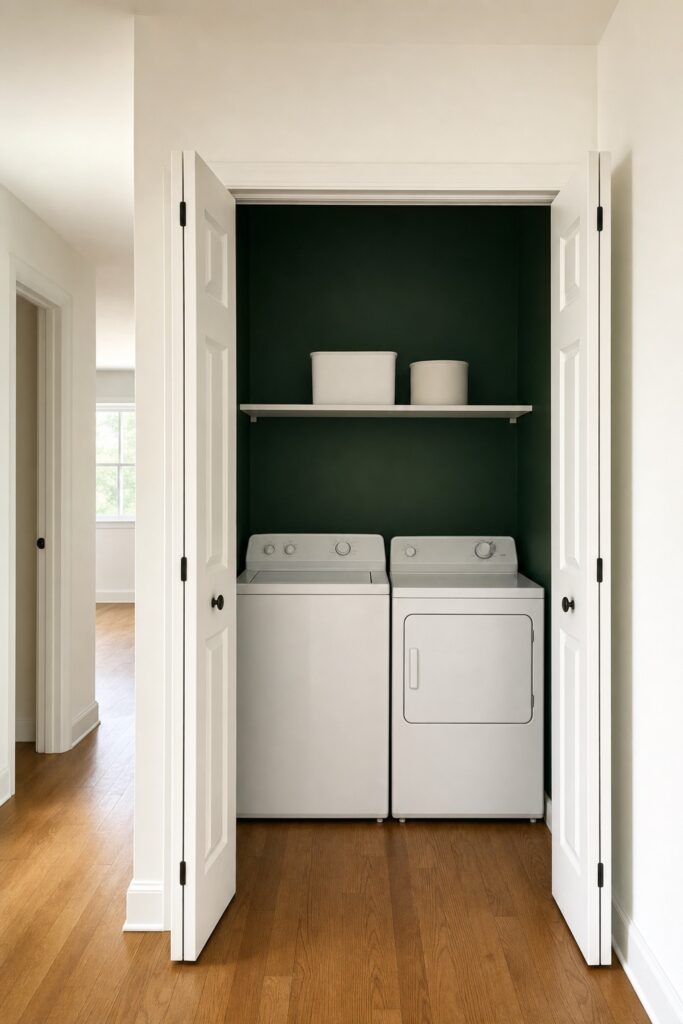 Laundry closet painted deep forest green inside, with the surrounding hallway wall left neutral white