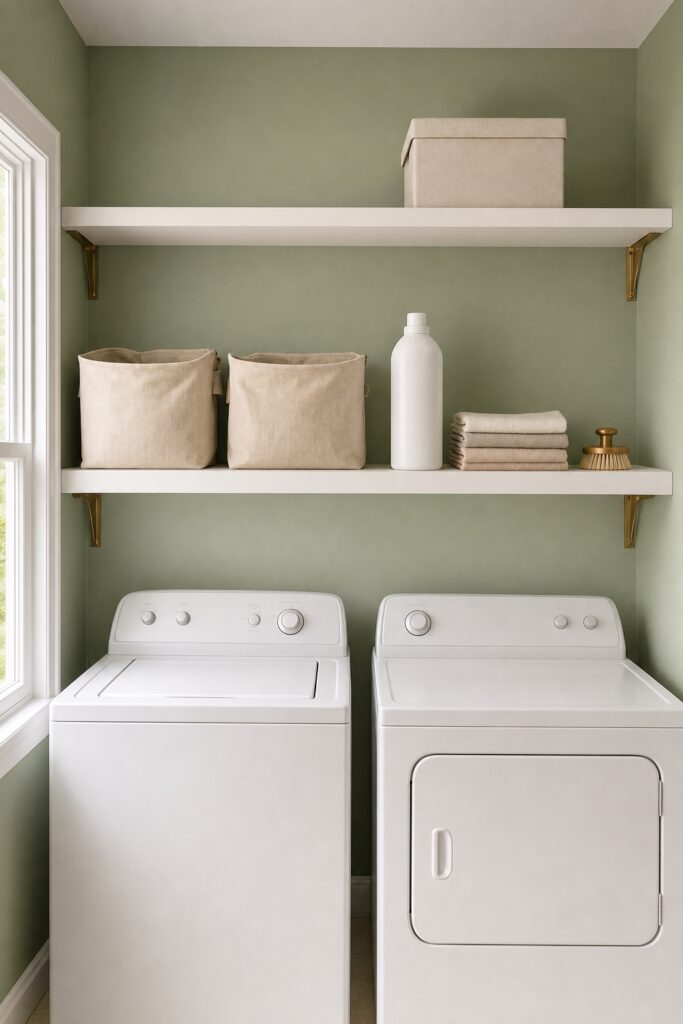 One deep sage green shelf above a washer and dryer holding open fabric bins and an upright detergent bottle
