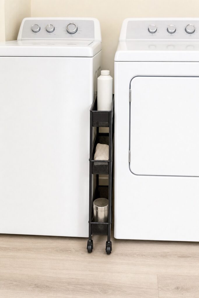 Very narrow rolling cart pulled part way out of the gap between a washer and dryer, holding laundry supplies