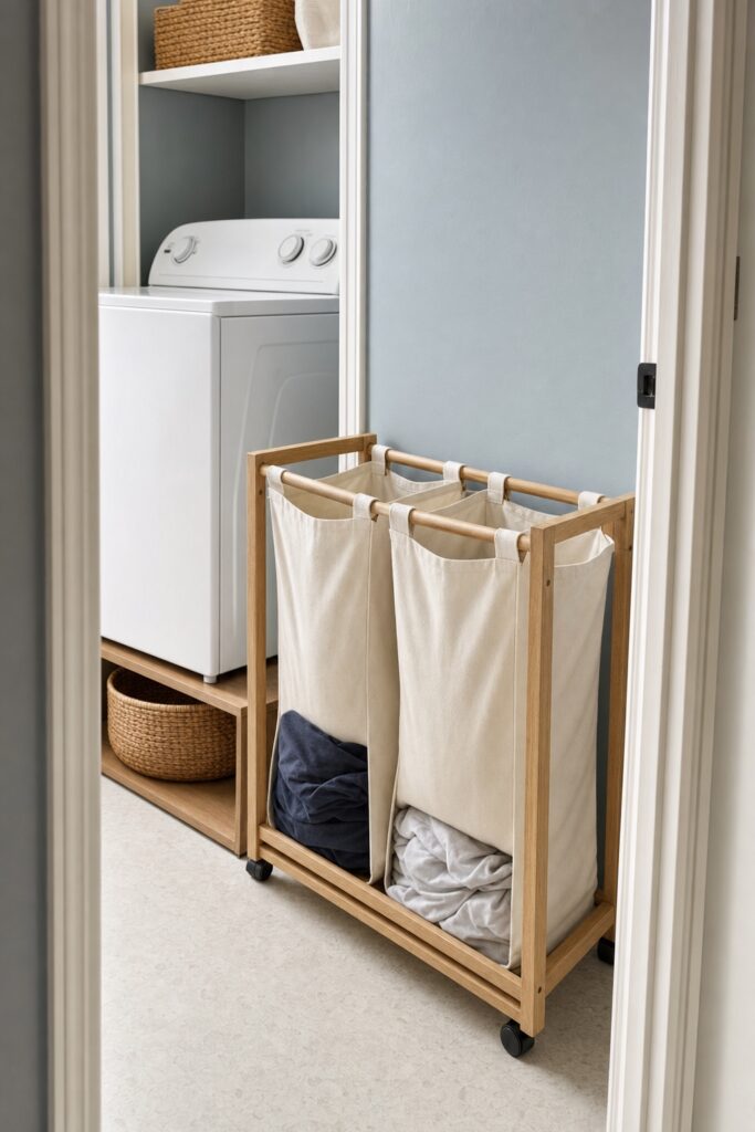 Narrow laundry nook with a slim two-bag rolling hamper beside the machines and a woven basket on a low shelf