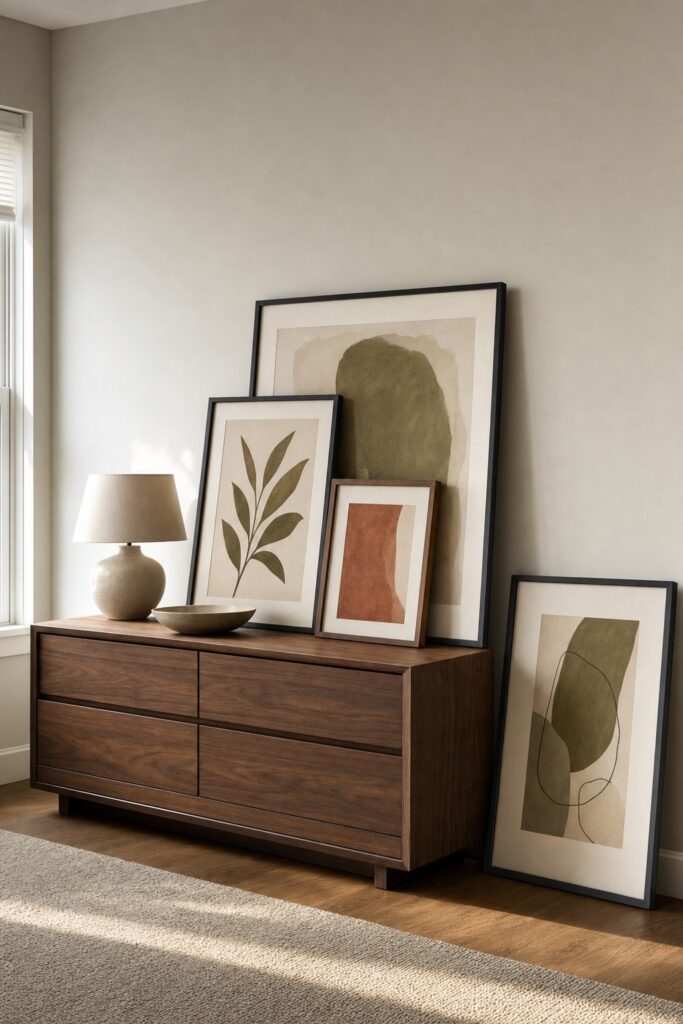Framed art layered and leaning on a shelf and floor against a plain rental wall instead of being hung