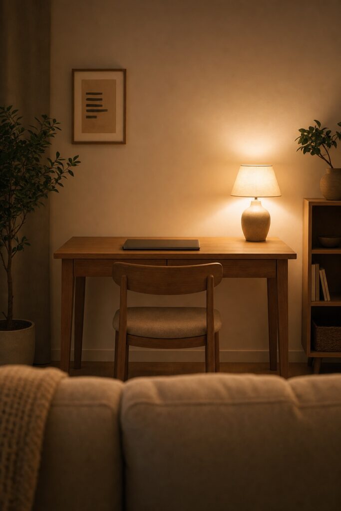 Evening view from a sofa toward a cleared desk corner lit by a single warm lamp