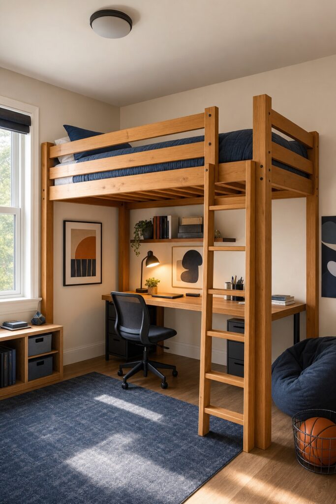 Small teen bedroom with a sturdy wood loft bed with guardrails, and a real desk with a task lamp and chair tucked underneath it.