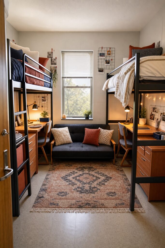 Shared-lounge dorm layout: two lofted twin beds with guardrails, a small two-seat futon and rug beneath, and both desks tucked under the lofts.