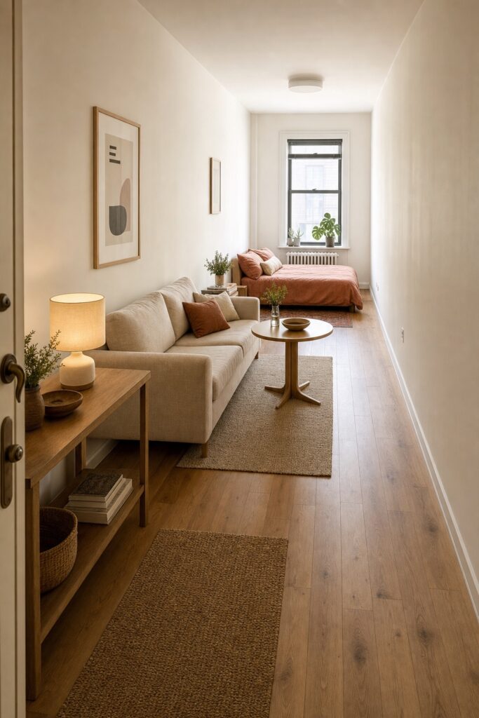 Long narrow studio with an entry console, a sofa along one wall in the middle and the bed at the far end under the window