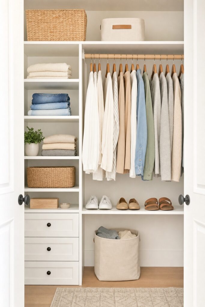A bright, tidy closet with a little empty space on each shelf and a small canvas donate bin on the floor