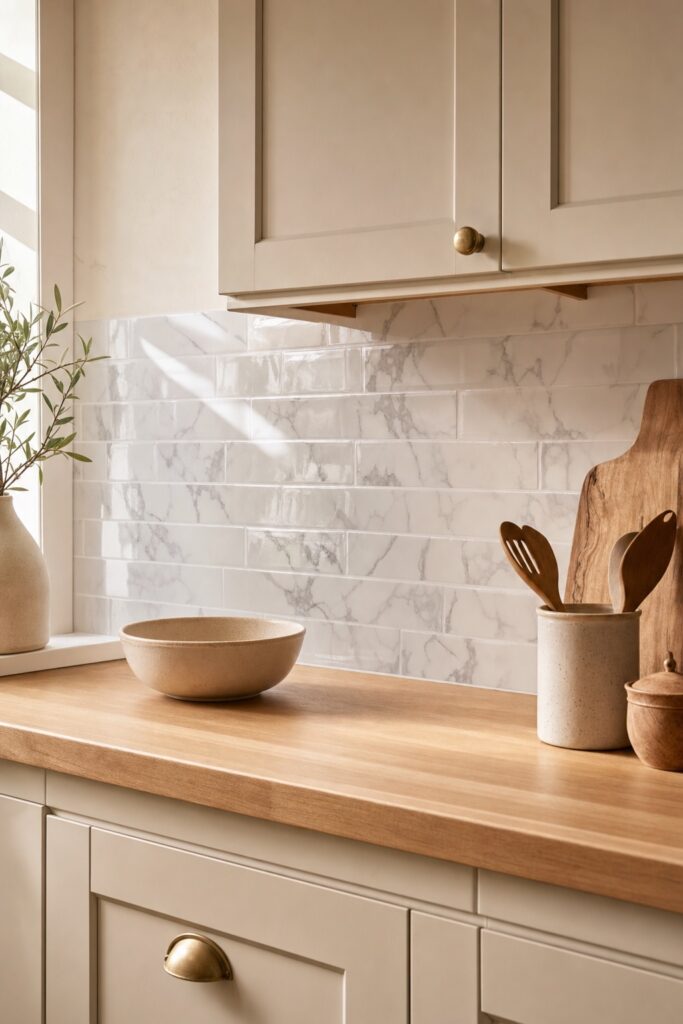 White marble-look gel peel-and-stick backsplash with soft gray veining above a wood counter