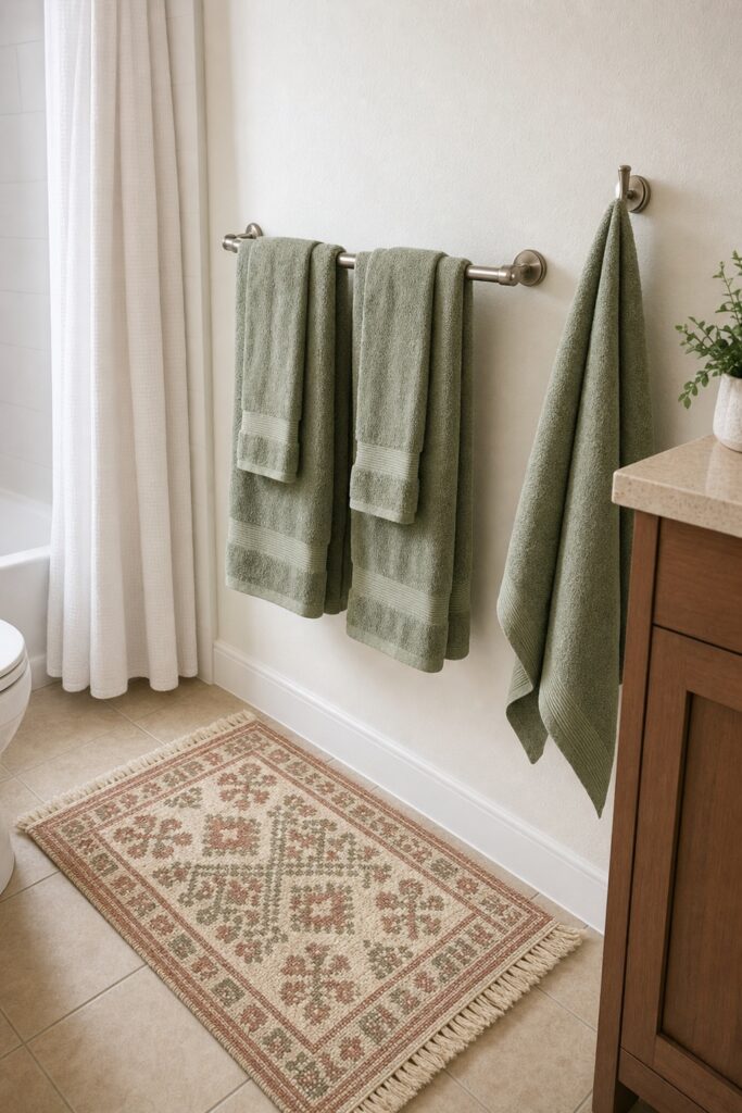 Rental bathroom with sage-toned towels hung in matched pairs and a patterned washable rug replacing a basic bath mat.