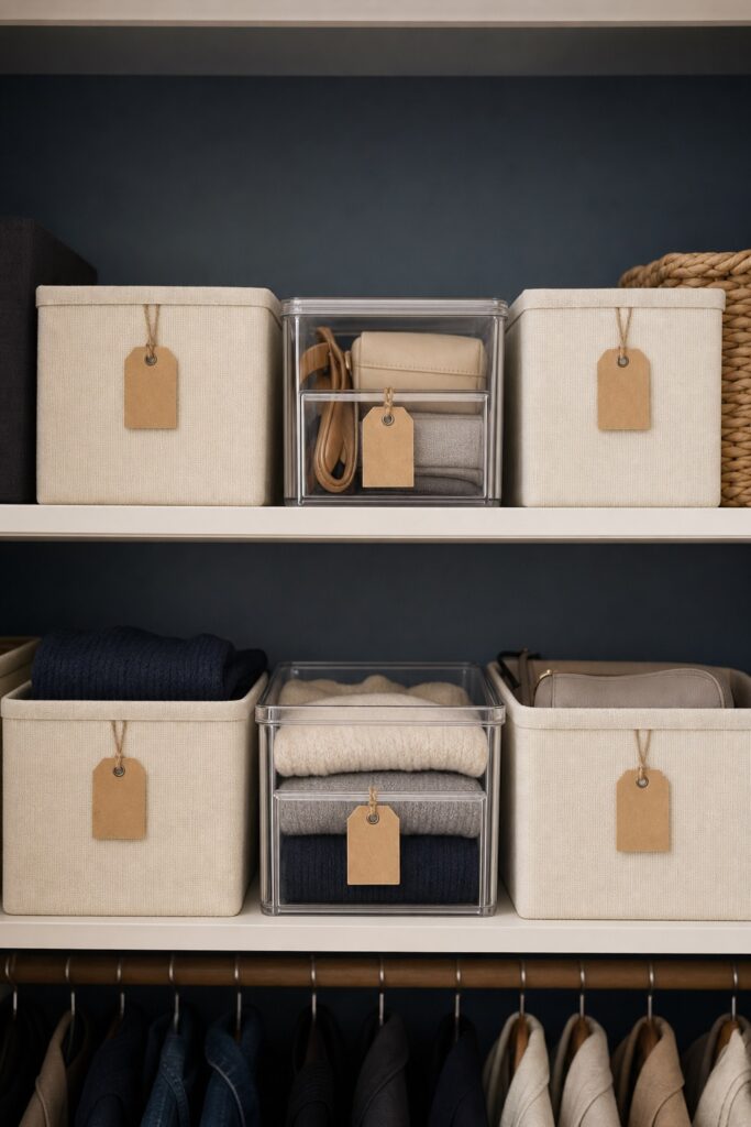 A closet shelf lined with matching canvas bins and one clear bin, each with a plain tag