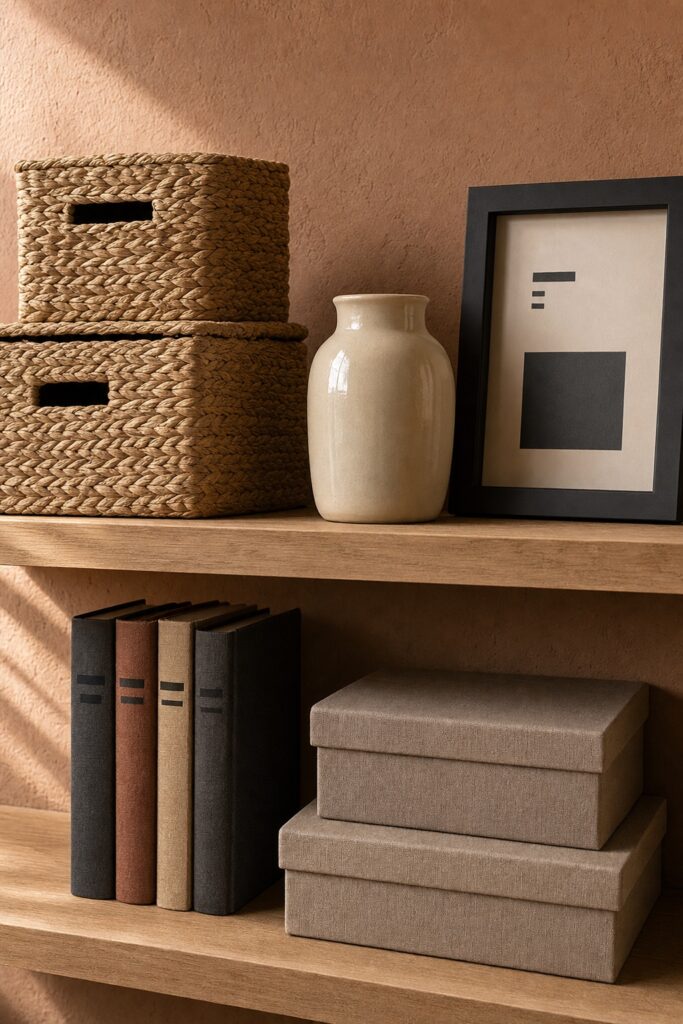 Shelf styled with woven baskets and matte boxes plus a single glazed ceramic piece catching the light