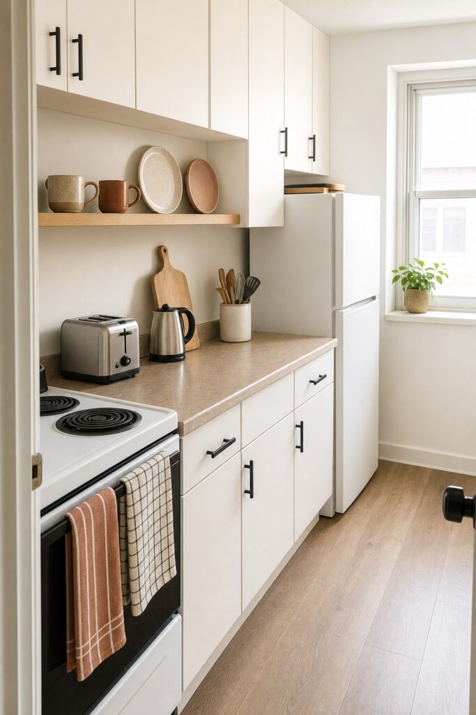 Small apartment kitchen with two mugs and two plates on an open shelf and a single set of appliances below
