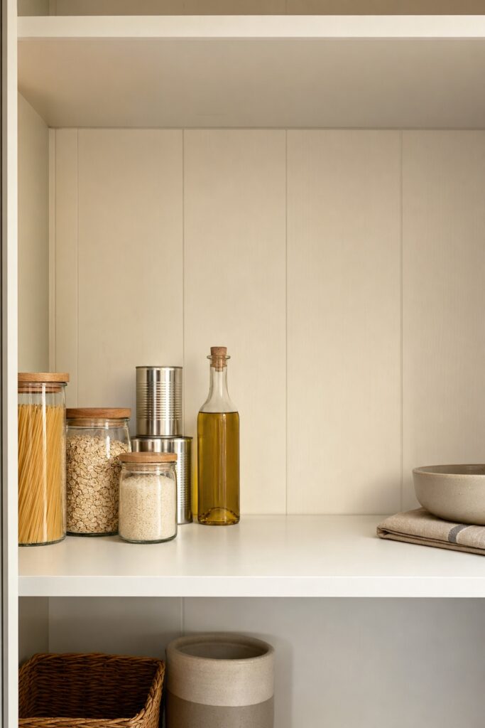 Tidy pantry shelf with a short row of staples — pasta, oats, rice, two plain cans, and olive oil — and deliberate clean empty space beside them.