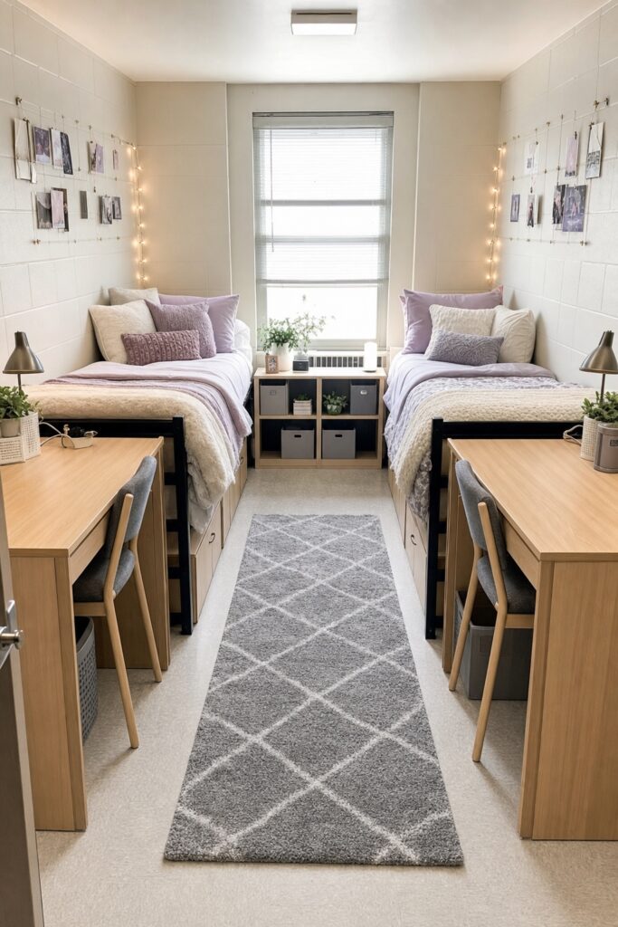 Mirrored dorm layout: two twin beds against opposite walls with matching-height setups, desks at the foot of each bed, and a shared rug down the middle.
