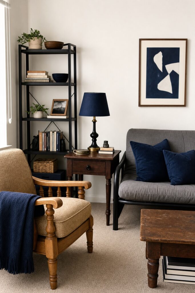 Mismatched hand-me-down furniture unified by navy pillows, throw, and art in a college apartment living room