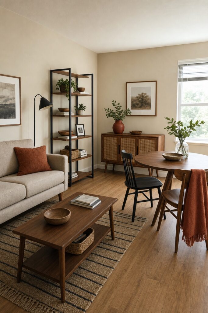 Mismatched apartment furniture unified by one wood tone, black metal hardware, and a rust accent color repeated across the room