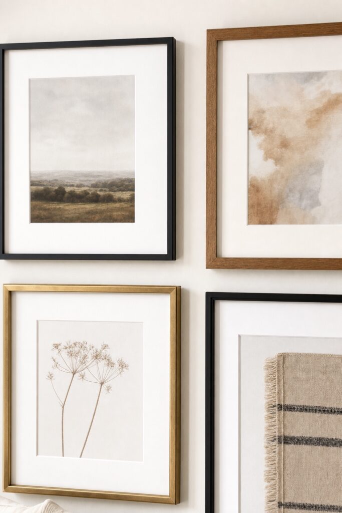 Close-up of a gallery wall corner mixing thin black, warm wood, and brass frames with matching white mats and even spacing.