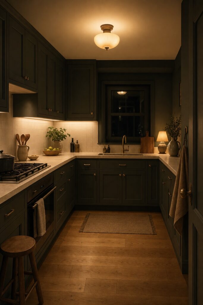 Small dark kitchen at night with three layers of warm light: under-cabinet, a dimmed overhead and a counter lamp