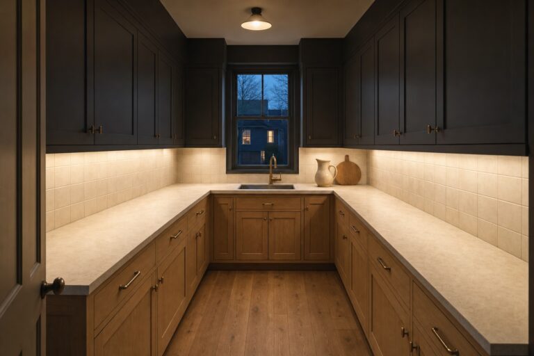 Small kitchen with charcoal upper cabinets and soffit above a pale stone counter lit by warm under-cabinet light