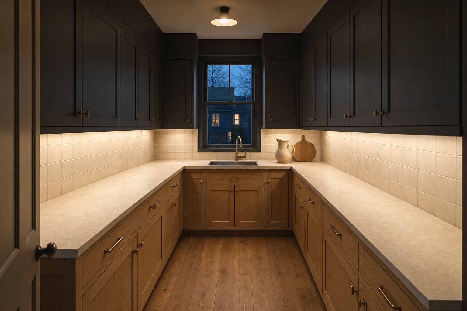 Small kitchen with charcoal upper cabinets and soffit above a pale stone counter lit by warm under-cabinet light