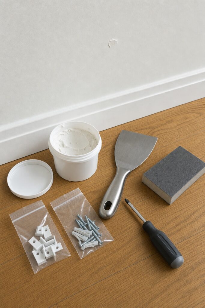 Small tub of wall filler, putty knife, sanding sponge, screwdriver and zip bags of hardware on a wood floor beside a white wall with a filled nail hole