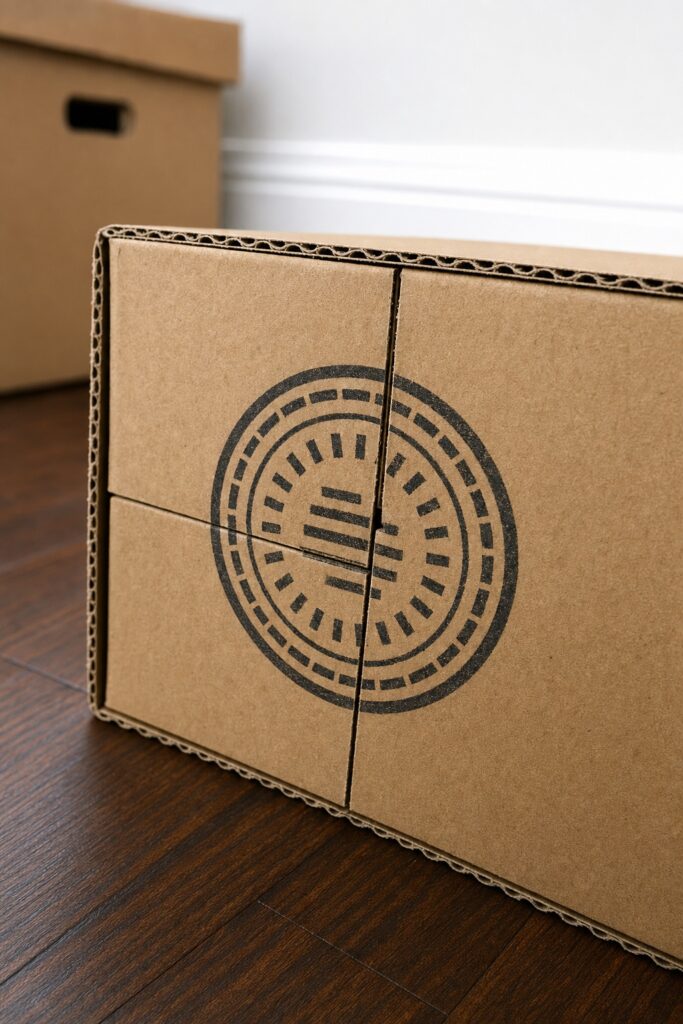 Close-up of the underside of a cardboard moving box showing the round box maker's stamp printed on the bottom flap