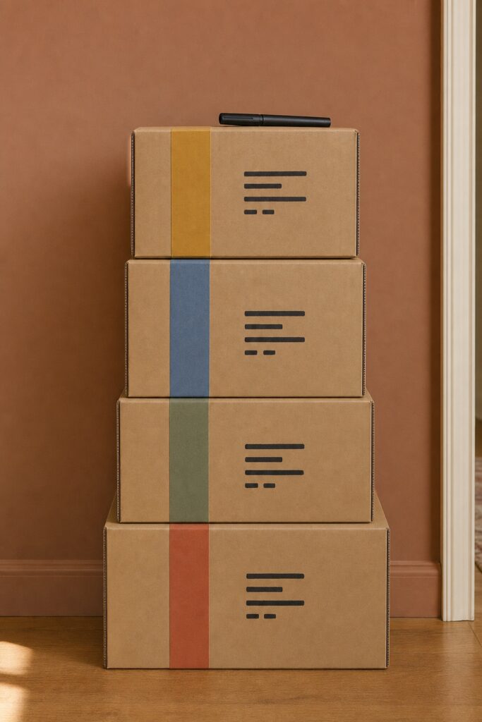 Stack of moving boxes photographed from the side with colored tape stripes and marker labels written on the box sides