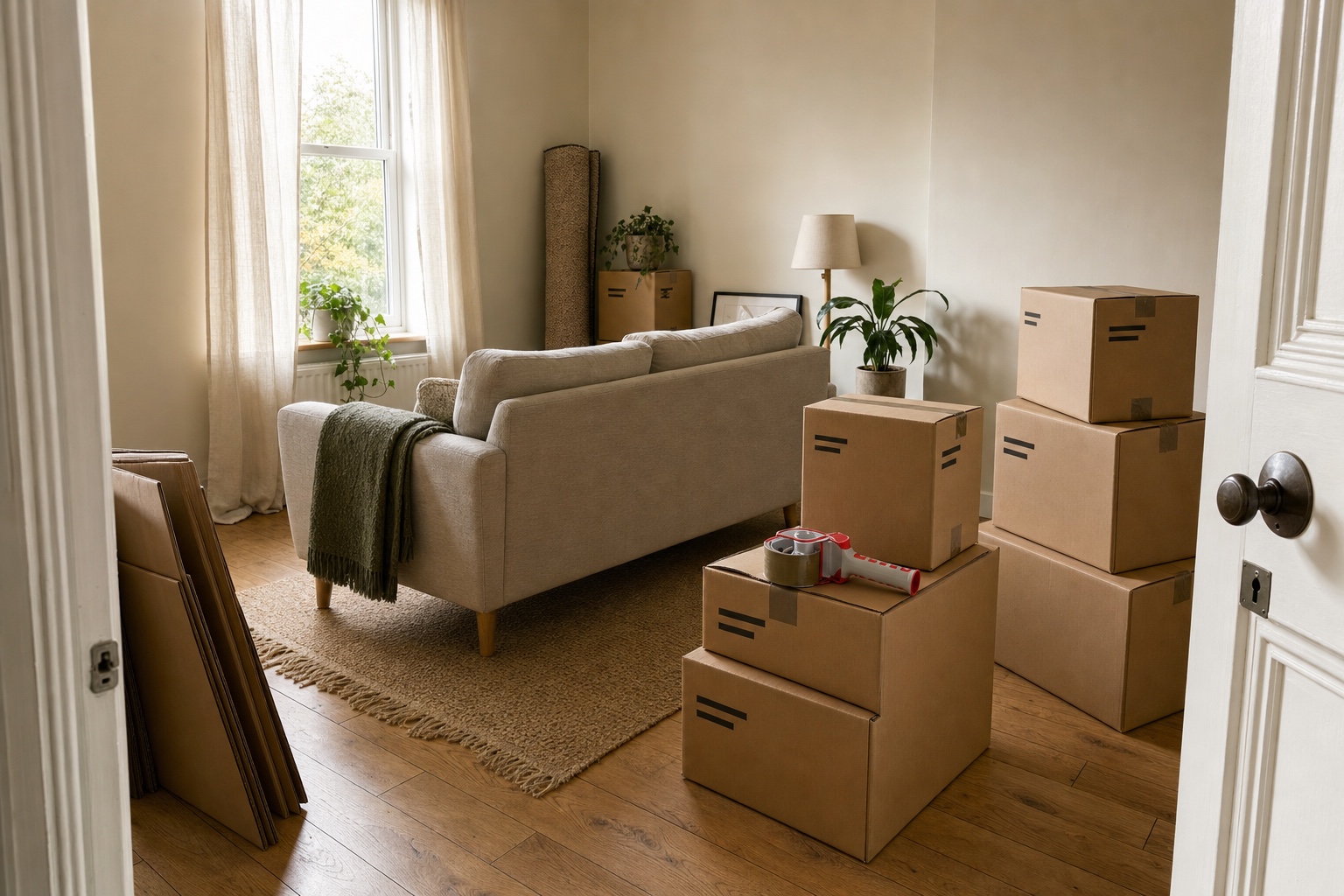 Living room mid-move with closed moving boxes of three sizes stacked by the doorway and a tape dispenser on top