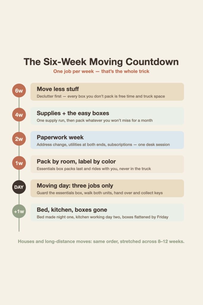 Diagram of a six-week moving checklist timeline: declutter at six weeks, supplies at four, paperwork at two, packing at one, moving day, then the first week.