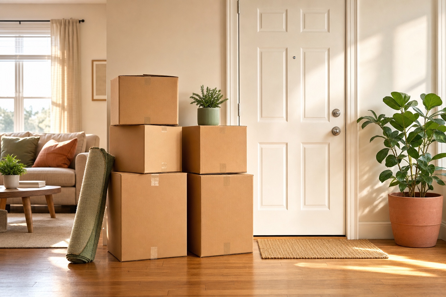 Neatly stacked moving boxes with blank labels beside potted plants and a rolled rug by an apartment front door in soft morning light.