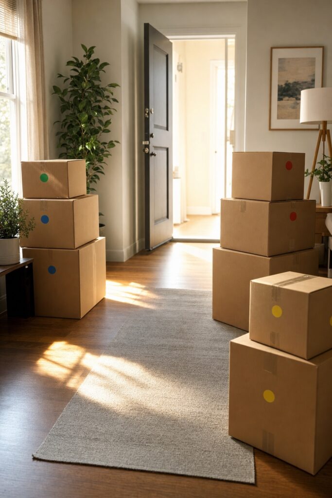 Moving day in a small apartment: color-dotted boxes staged in groups near the open front door with a clear walking path and morning light.