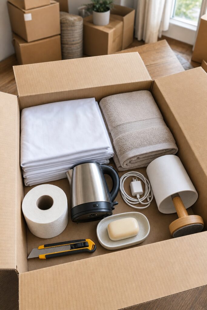 Open moving essentials box holding folded sheets, a towel, a kettle, phone charger, toilet paper, soap, a small lamp, and a box cutter.