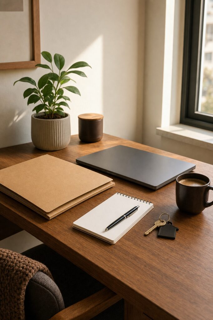 Tidy desk during the moving paperwork week: a kraft document folder, closed laptop, house keys, blank notepad, and a cup of coffee.