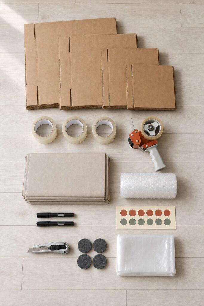 Moving supplies laid out on a pale wood floor: flat cardboard boxes, three rolls of tape, a bundle of packing paper, markers and dot stickers