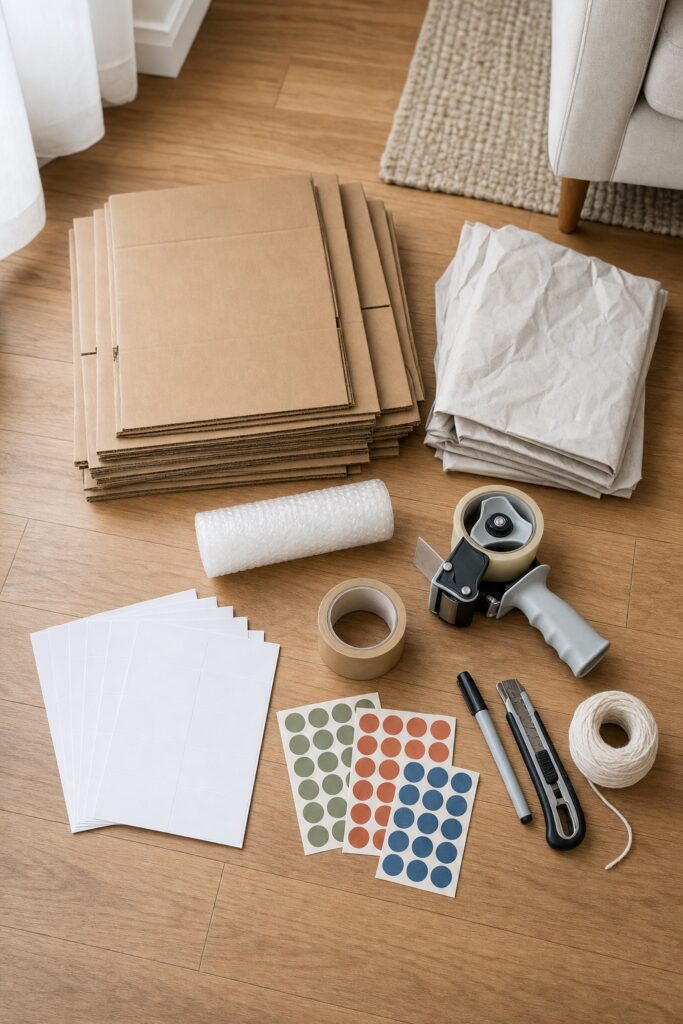 Moving supplies on a wood floor: flattened cardboard boxes, packing paper, bubble wrap, tape rolls, blank labels, colored dot stickers, and a box cutter.