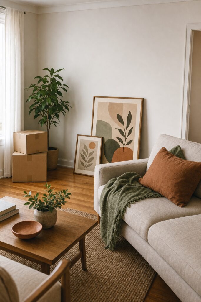 New living room two weeks after moving in: framed art leaning against the wall, a potted plant, and a throw draped on the sofa, with the last two boxes in a corner.