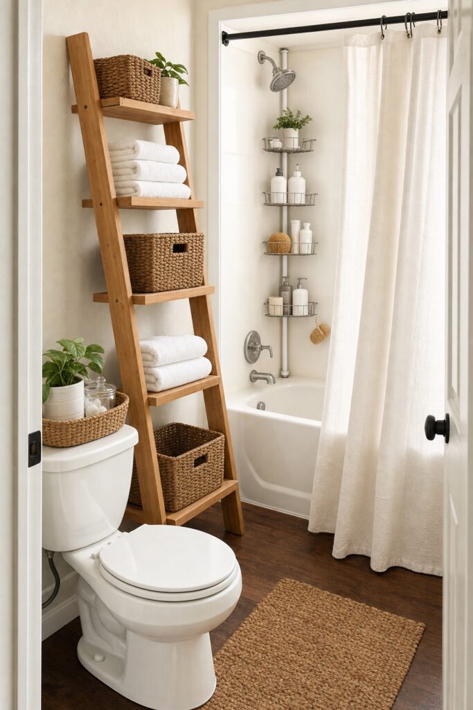 No-drill storage in a small rental bathroom: a leaning wood ladder shelf holding towels and baskets, a tension shower caddy, and a woven basket on the toilet tank.