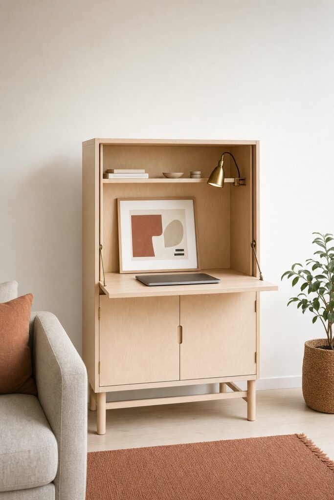 A freestanding cabinet desk standing open with a clamp lamp and a large frame leaning against the wall