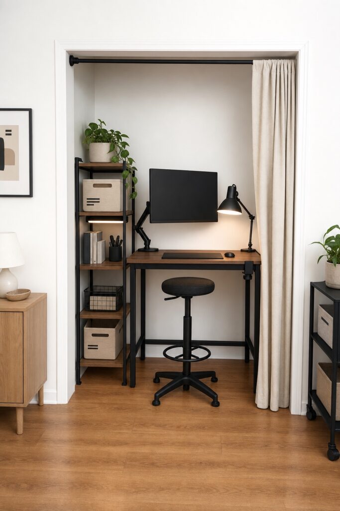 Renter-friendly office nook with a freestanding desk, a tension-rod curtain across the opening and a clamp-on lamp