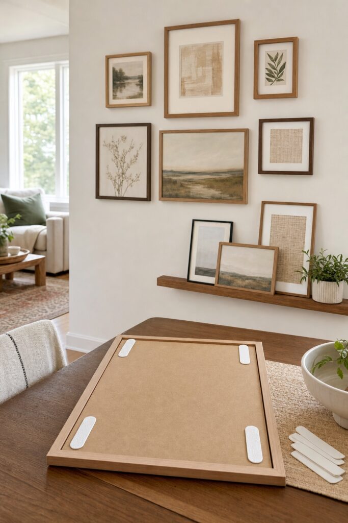No-nail gallery wall setup: a frame with adhesive strips on its back resting against the wall beside a picture ledge of leaning art, with no nail holes in the wall.