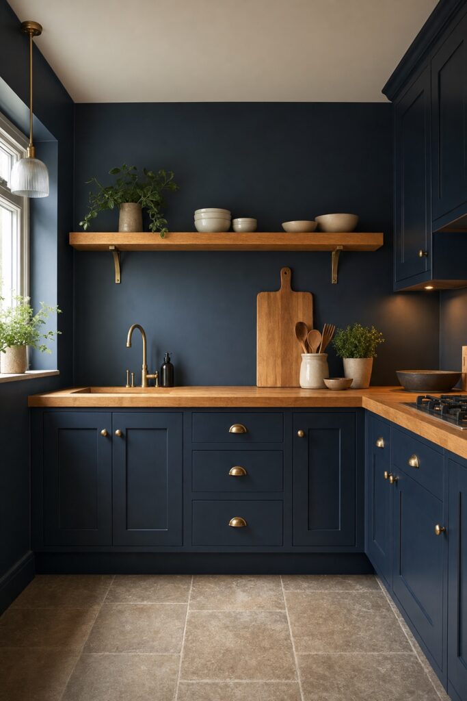 Oak open shelf and butcher block counter section warming a deep navy kitchen