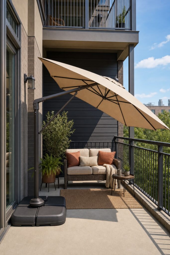 Offset umbrella with a weighted base tilted over balcony seating to block the view from the units above