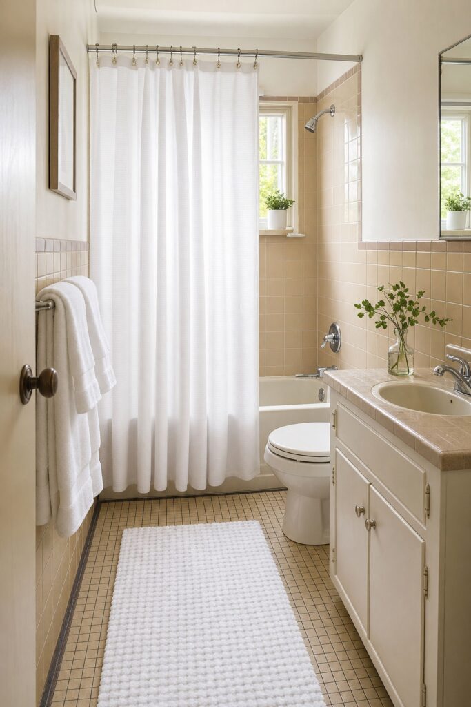 Older bathroom with dated tile looking fresh with crisp white shower curtain, towels, and bath mat