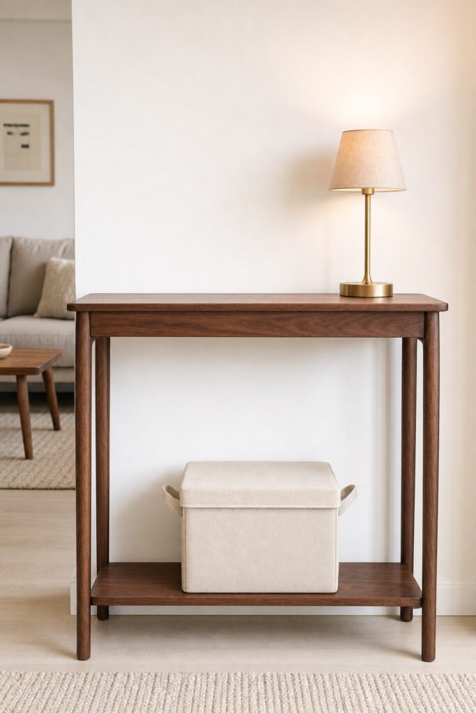 A bare walnut console with a lamp, and a cream lidded fabric box on the shelf beneath it