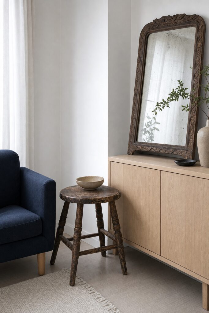 Modern apartment corner with one old wooden stool and a vintage mirror among newer furniture