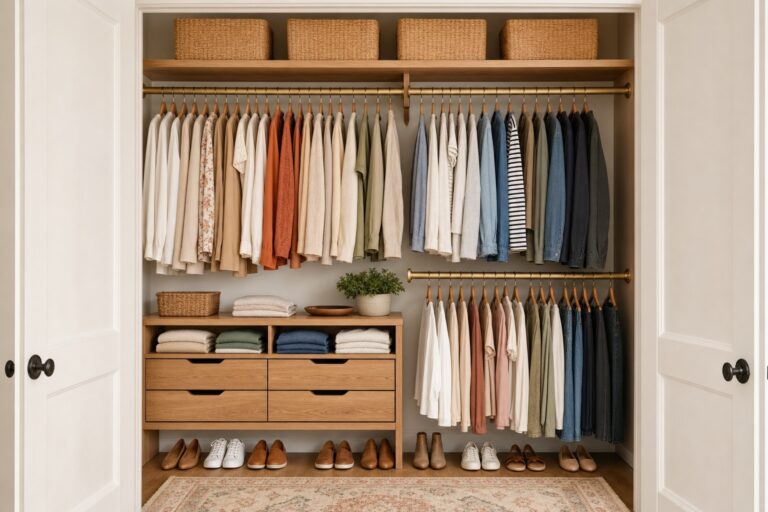 A neat reach-in closet with clothes on matching slim hangers, a wood drawer unit, woven bins on the top shelf, and shoes lined up on the floor