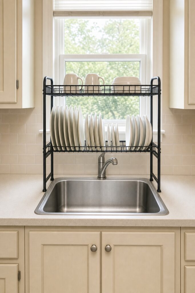 Two-tier rack sitting over the sink holding drying plates with the counter on both sides completely clear