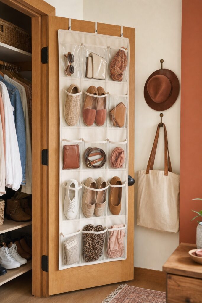 An over-the-door organizer of shoes and small items on the inside of a closet door, with hooks holding a bag and a hat