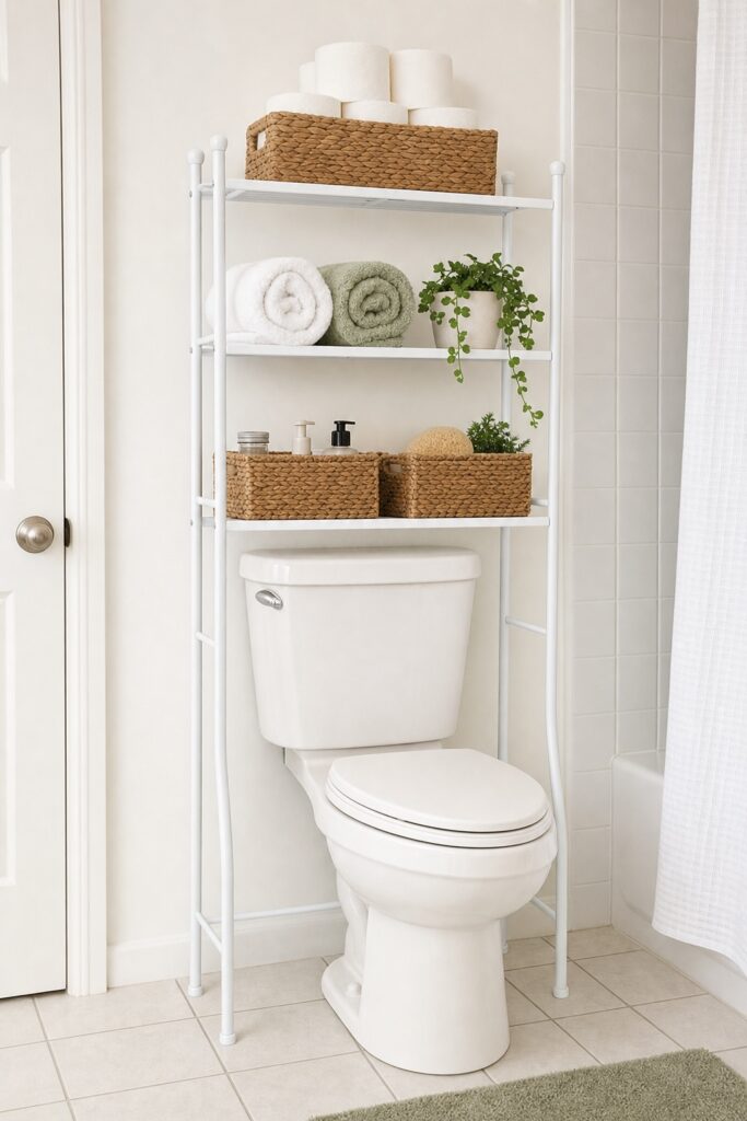 Freestanding over-toilet shelf unit with baskets and rolled towels in a small rental bathroom