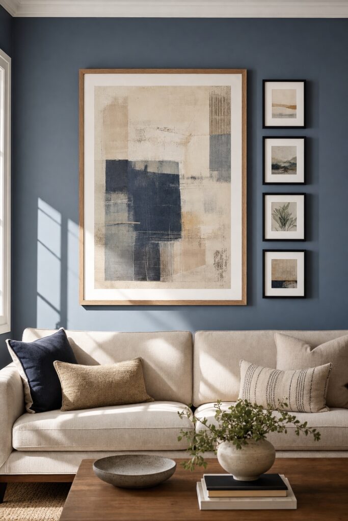 Anchor gallery wall layout: one oversized framed abstract centered above the sofa with four small frames arranged down its right side.